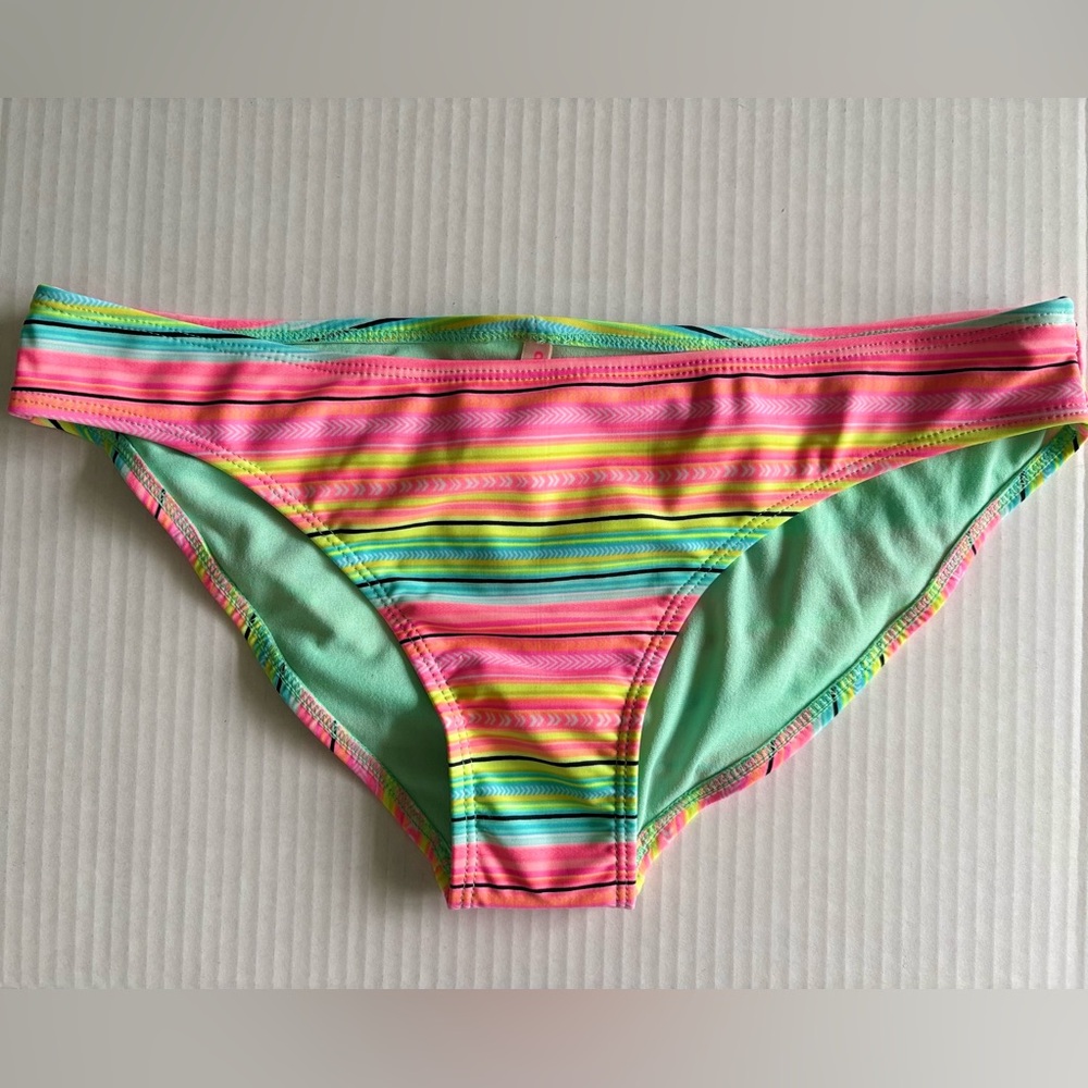 NWOT Charlotte Russe Striped Pink/Green/Yellow Bikini Bottom in size Medium.
